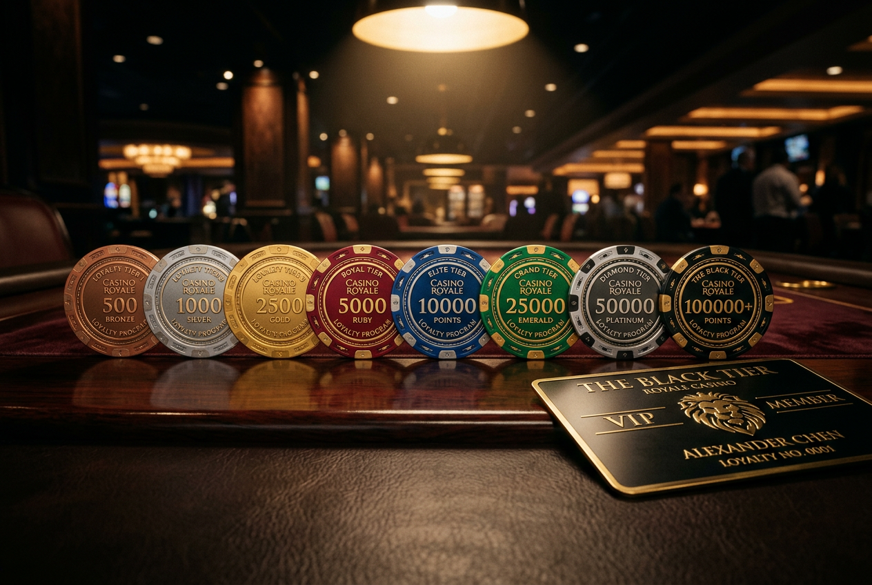 A row of casino chips and a VIP card representing loyalty tiers.