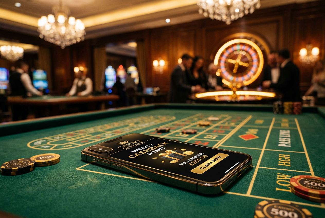 A smartphone showing a weekly cashback offer on a casino table.