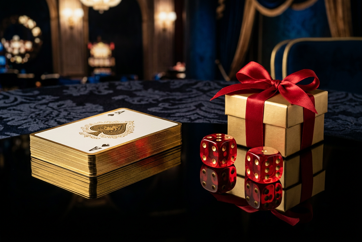 Luxury casino elements including dice, cards, and a golden gift box representing different bonus types.