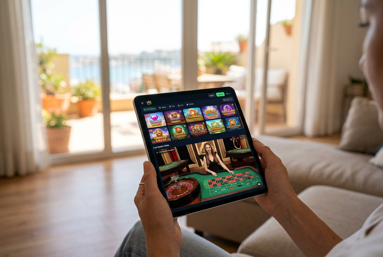 Μια σύγχρονη διεπαφή online καζίνο σε tablet με φόντο την Αθήνα.