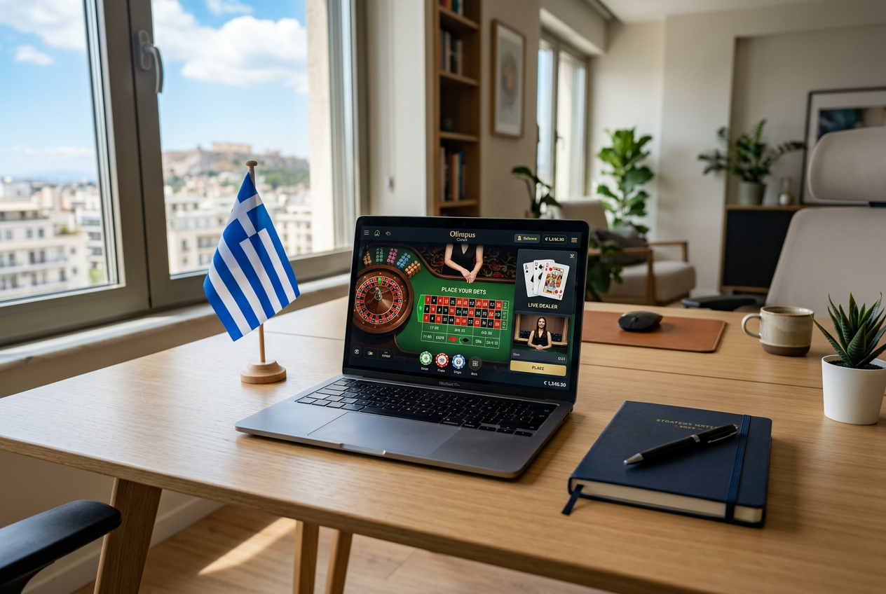 Ένας φορητός υπολογιστής σε ένα γραφείο που δείχνει ένα online καζίνο.