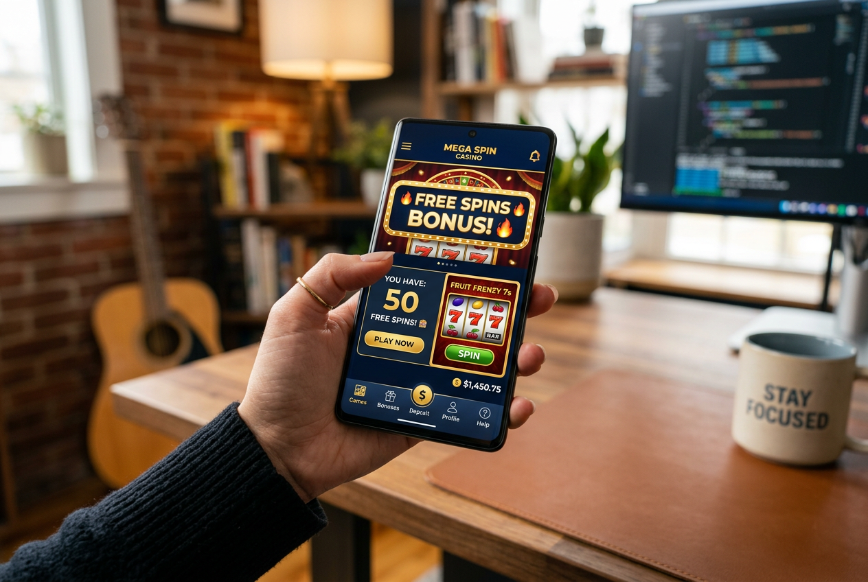 A smartphone screen showing various promotional casino bonuses and free spins.